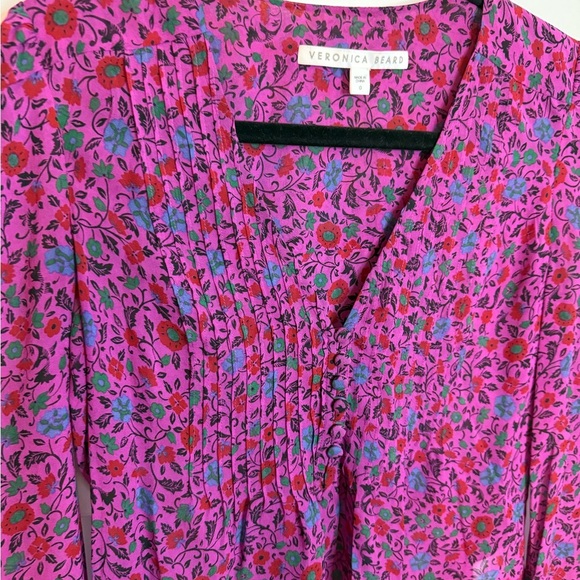 Veronica Beard Ashlynn Fuchsia Floral Silk Pintuck Blouse - Picture 9 of 9